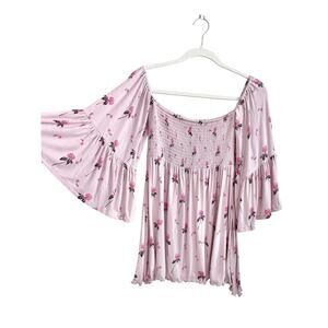Free People Women Off Shoulder Bell Sleeve Top XS Hippie Boho Cottage Flowy Pink